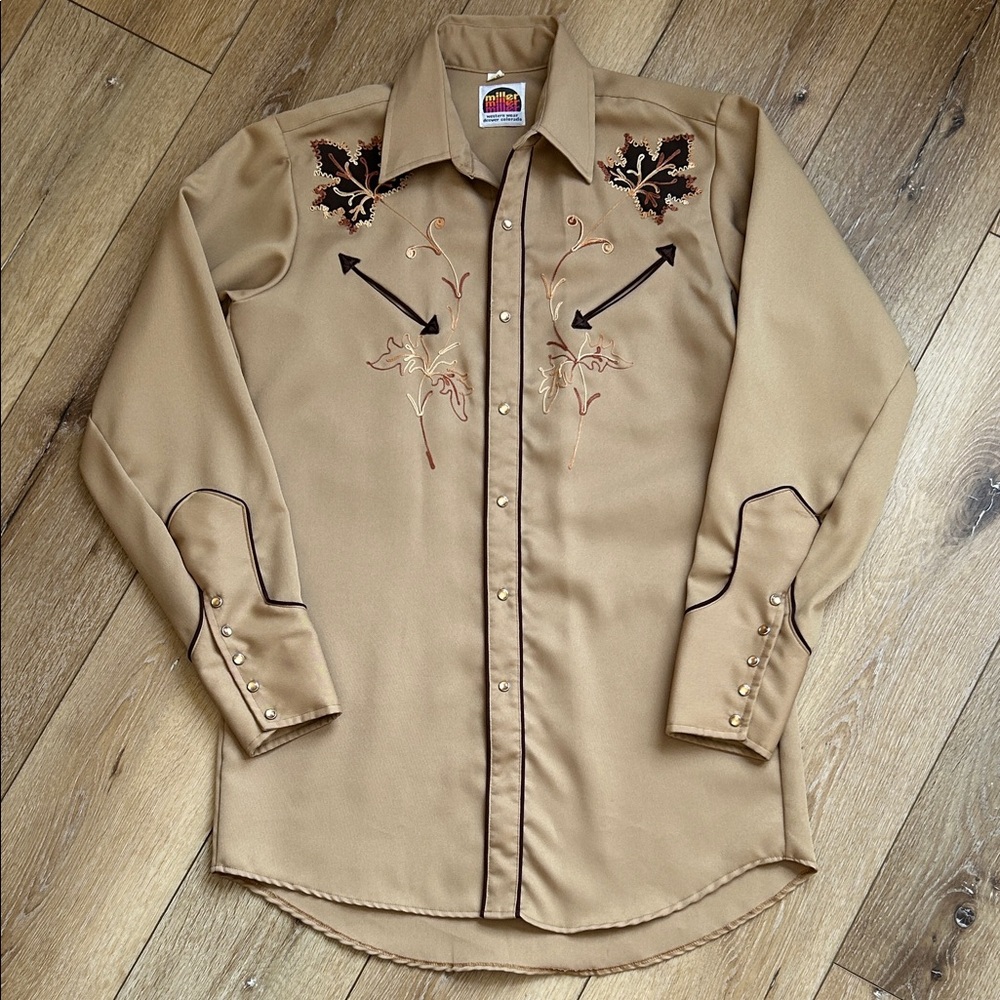 Vintage Miller Shirt Men 15-35 Pearl Snap-up Western Embroidery Brown Polyester